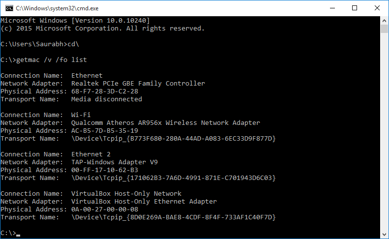 cmd mac address lookup windows 7