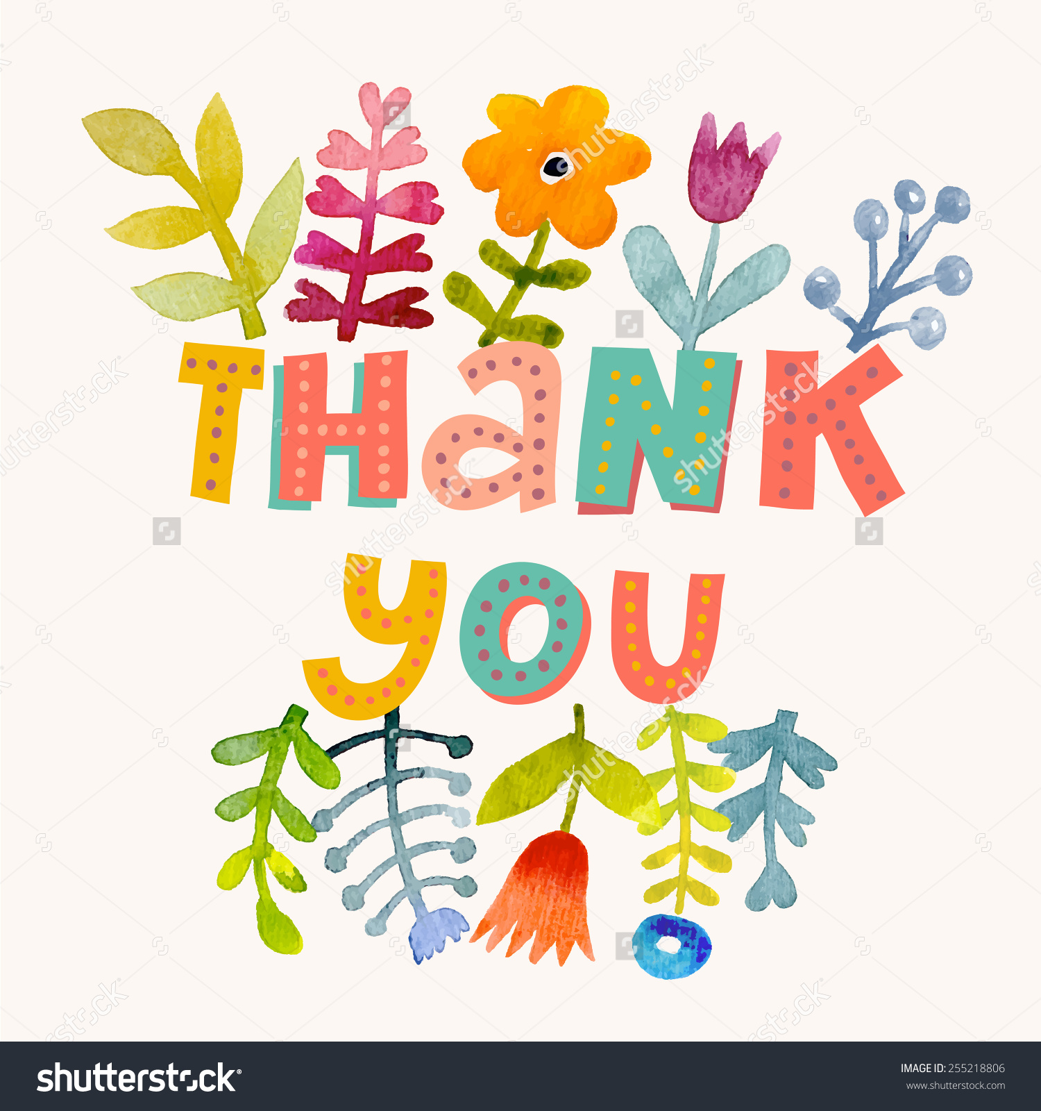 stock vector sweetly pretty thank you card in vector awesome flowers made in watercolor technique bright 255218806