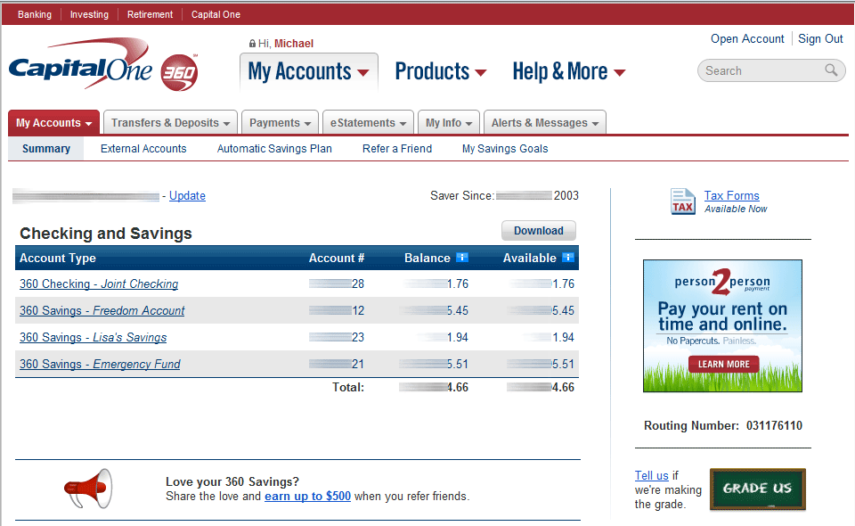 capital one savings login