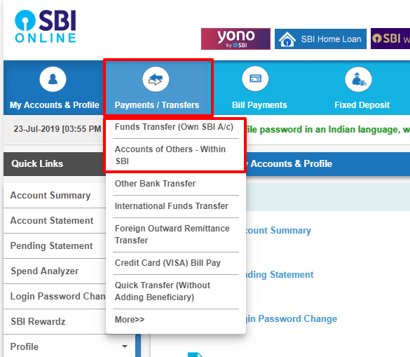 fund transfer in SBI Net Banking